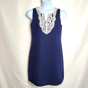 Eliza J Linen Blend Sheath Dress Size 14 Embroidered Neckline Pompom Trim Hem